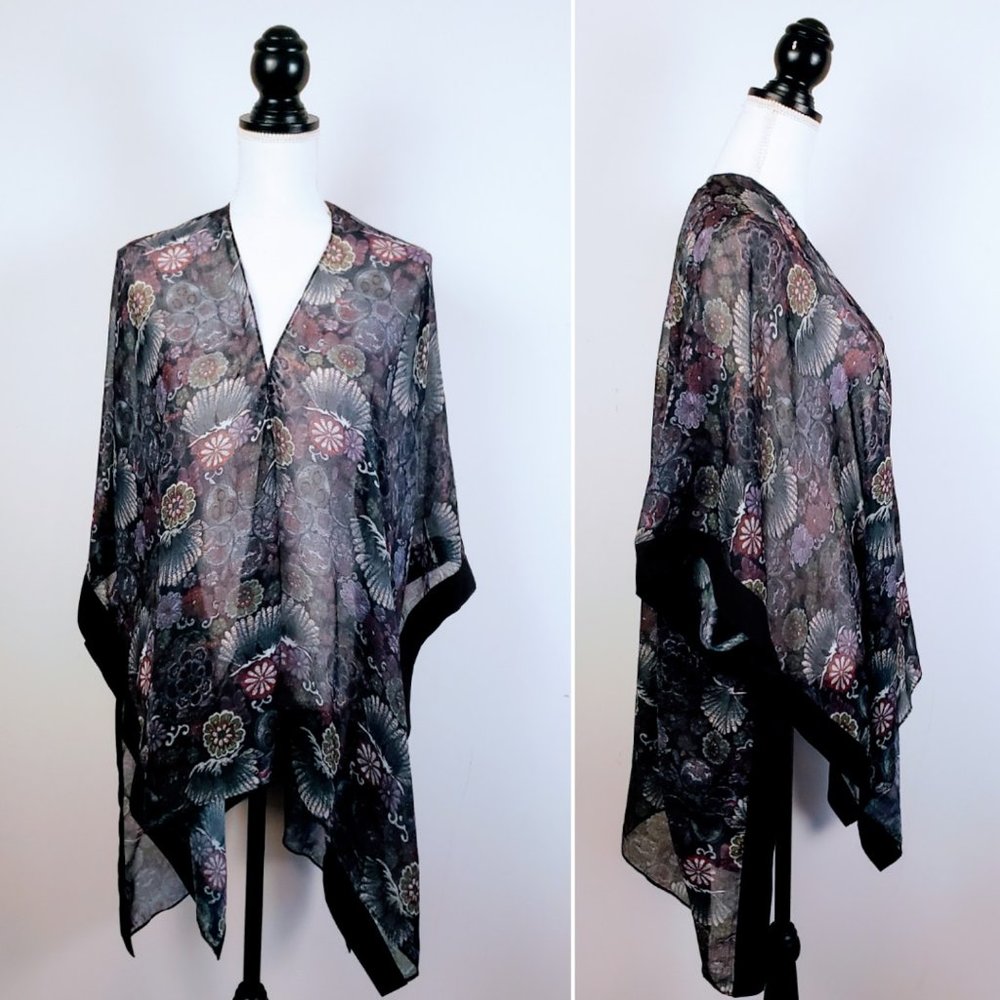 STEVE MADDEN Kimono Cardigan, Purple Green Floral 100% Polyester Open Front OSFM